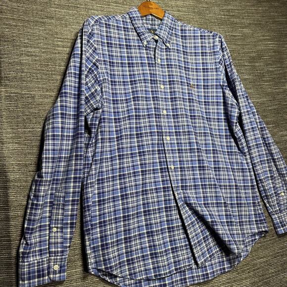 Ralph Lauren Shirt Men's Large Blue Plaid Long Sleeve Button Down Brown Pony - Picture 6 of 14